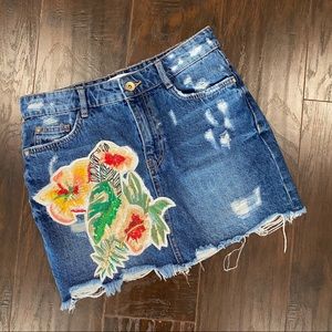 Zara Denim Skirt Embroidered Floral - Small